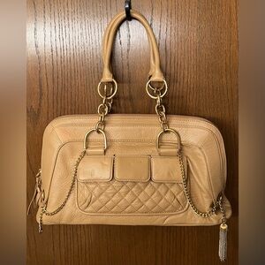 Elegant BCBG Max Azria tan leather satchel Handbag chain straps multiple pockets